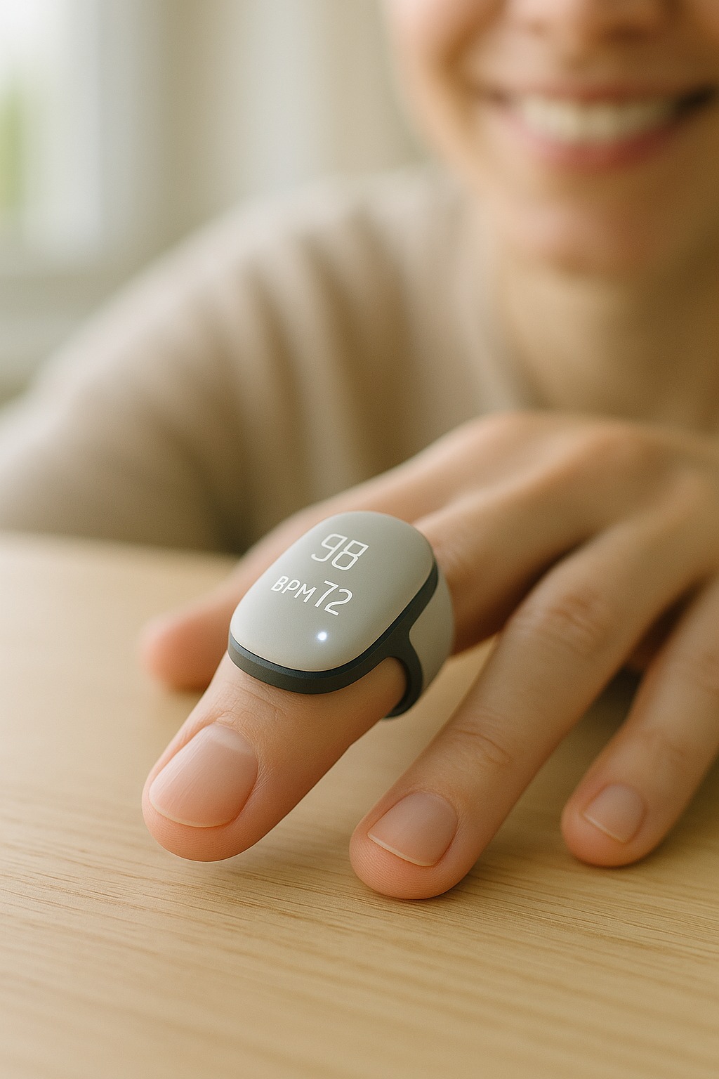 A man smiling with the MEND Oxi fingertip pulse oximeter worn ring-style on his index finger, its display reading 98% SpO₂ and 72 BPM